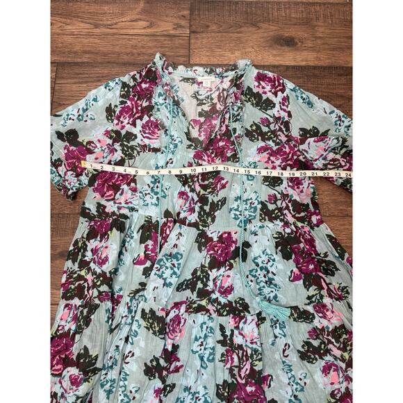 Sundance Turquoise Floral Provence Stroll Mini Dress Aqua V-neck Boho Sz PXL - Picture 6 of 8